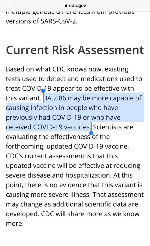 Wait, what?!

According to the CDC’s newly published “Risk Assessment Summary for SARS CoV-2 Sublineage BA.2.86,” the new variant “may be more capable of causing infection in people who have previously had COVID-19 or who have received COVID-19 vaccines.” 

So if you’ve received