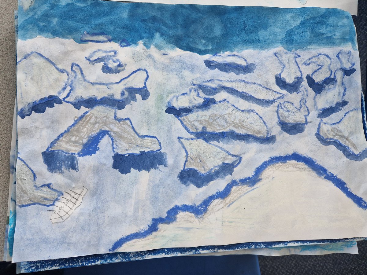 year5and6church's tweet photo. Just a small example of the work produced by Y4/5 as part of our hook day "Only The brave". It was inspired by Shackleton and done with water colours and pastels. @artworksedu @church_prim #art #hookday https://t.co/Axb1BoE0Gy