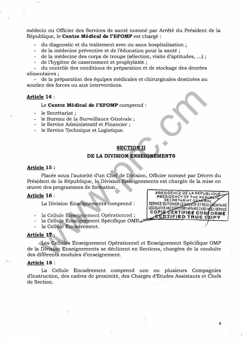 PR_Paul_BIYA's tweet photo. Décret portant création, organisation et fonctionnement de l’Ecole de Formation aux Opérations de Maintien de la Paix.
#PaulBiya
#Cameroun
1/2 https://t.co/0fsb9Et2v4