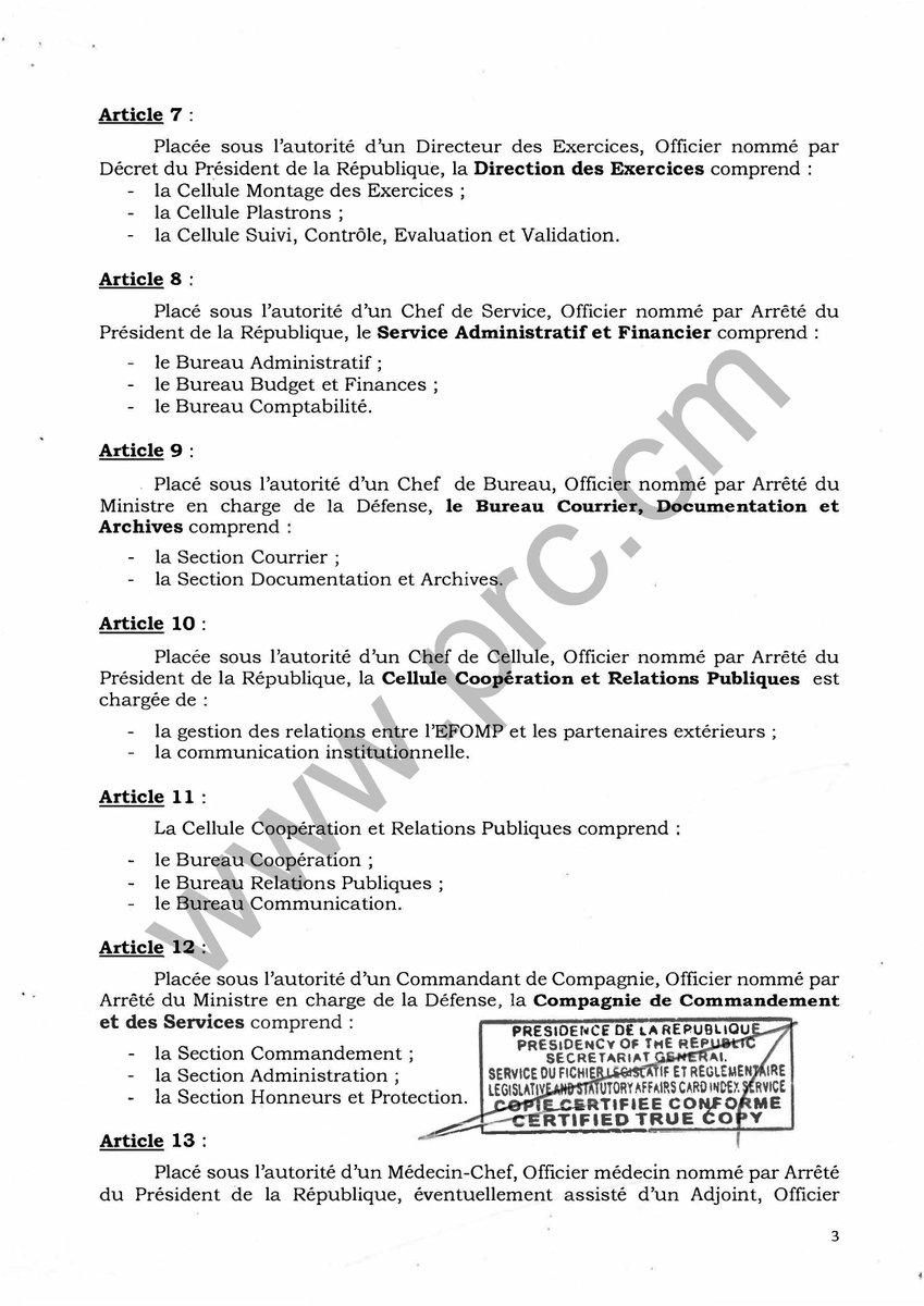 PR_Paul_BIYA's tweet photo. Décret portant création, organisation et fonctionnement de l’Ecole de Formation aux Opérations de Maintien de la Paix.
#PaulBiya
#Cameroun
1/2 https://t.co/0fsb9Et2v4