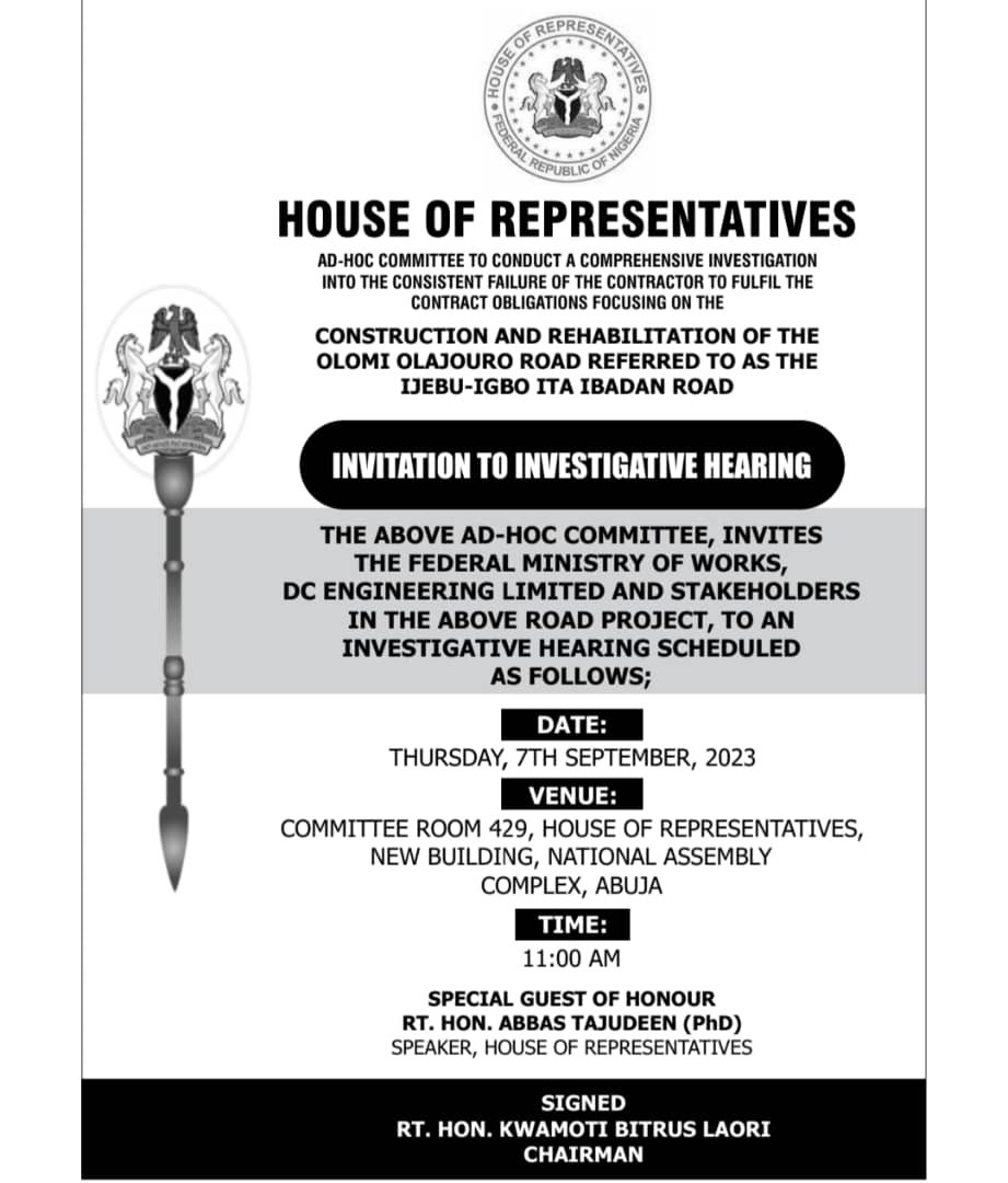 ToluSadipe's tweet photo. HOUSE INVESTIGATION ALERT

Join us in the pursuit of truth and accountability!

In continuation of my unwavering commitment to Oluyole constituents and our nation's infrastructure, the House Ad-Hoc Committee is hosting an INVESTIGATIVE HEARING. https://t.co/70gghOsdU0