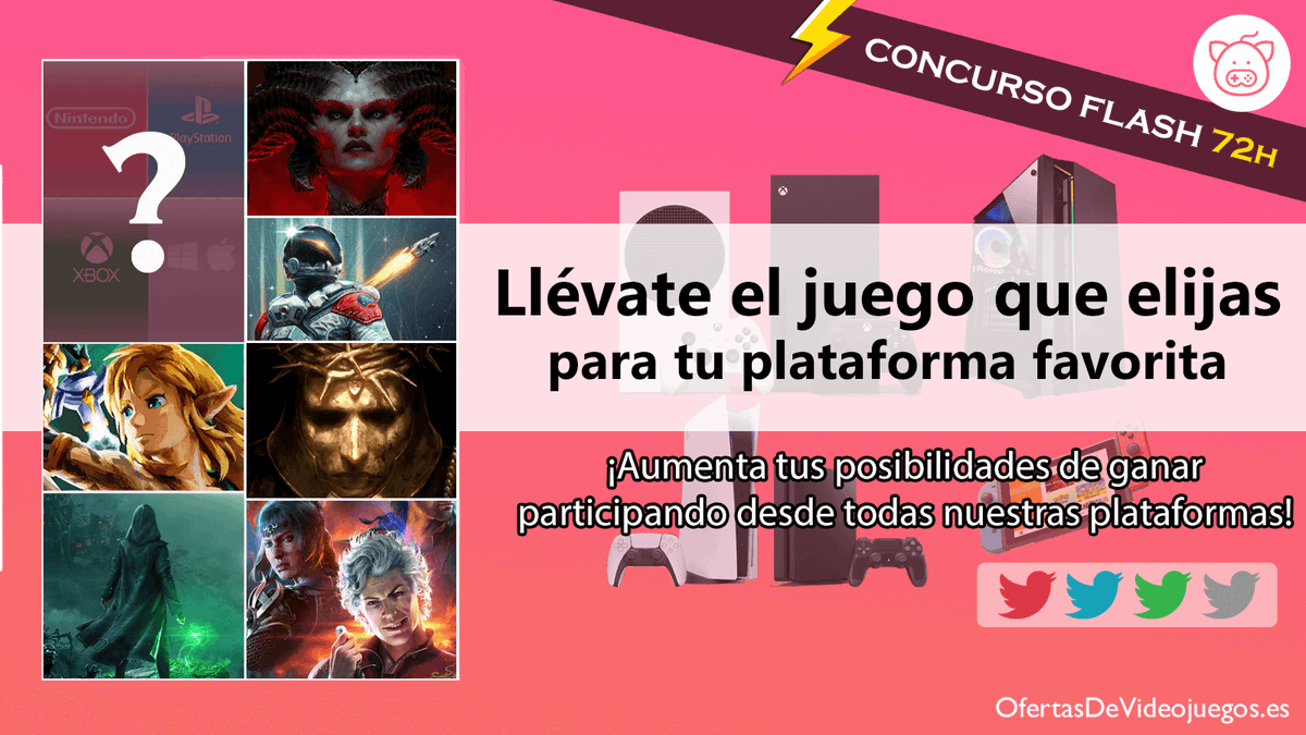 ofervijuPC's tweet photo. 🎊¡Sorteamos EL JUEGO QUE QUIERAS para tu plataforma FAVORITA!🎊

✅Participa:
🔸Sigue los canales de tu interés en Telegram: https://t.co/F4p3e6aIrD 
🔸RT a este tweet y ¡síguenos!
🔸Responde citando (@) a dos amigos y el juego digital/físico que te gustaría ganar
¡Suerte!🍀 https://t.co/YQAE2G1wf0