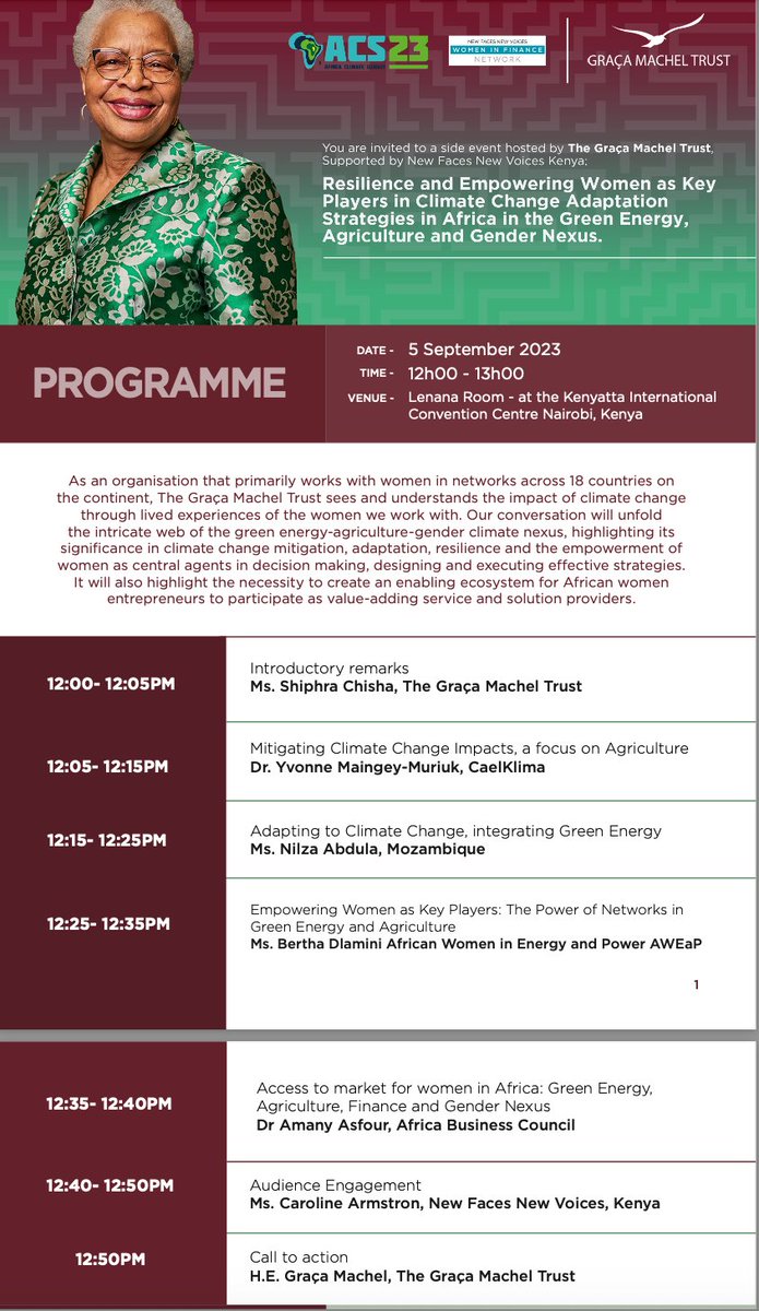 GracaMachelTrust (@g_macheltrust) on Twitter photo This week, our founder Graça Machel and program director @ShiphraChisha are at the <a href="/AfClimateSummit/">Africa Climate Summit</a>. They're discussing vital links between green energy, agriculture, gender, and climate for climate action and women's empowerment. Check out the program and speakers! This week, our founder Graça Machel and program director @ShiphraChisha are at the <a href="/AfClimateSummit/">Africa Climate Summit</a>. They're discussing vital links between green energy, agriculture, gender, and climate for climate action and women's empowerment. Check out the program and speakers!