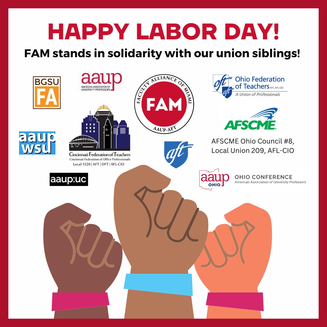 🎉 Happy Labor Day! 🛠️ 💪 FAM stands in solidarity with our local union siblings, recognizing their invaluable contributions to the labor movement. Together, we can continue to build a brighter future for all workers! 🤝 #LaborDay #Solidarity #UnionStrong #FAMiamiOH