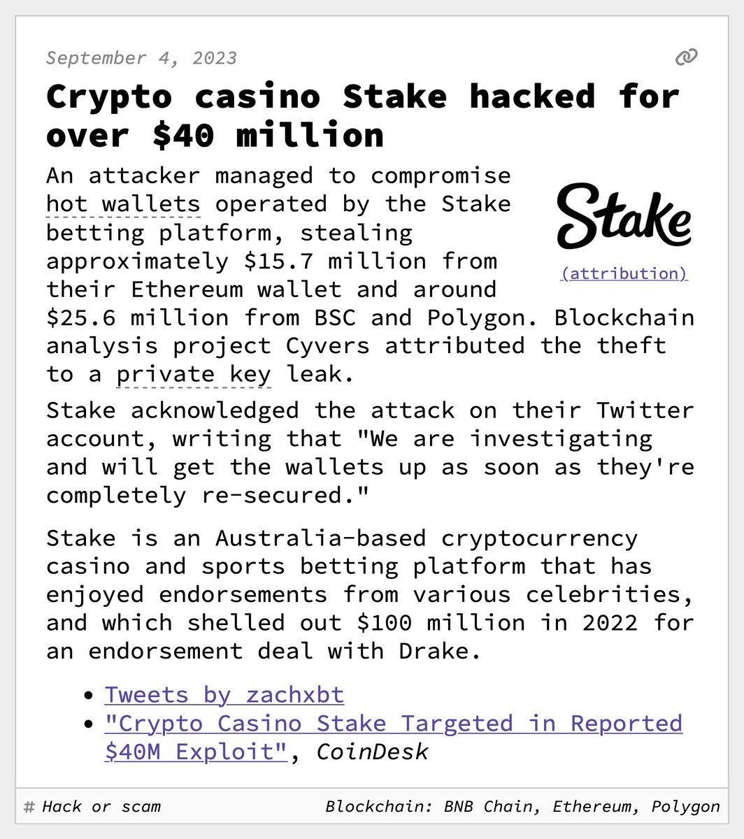 Crypto casino Stake hacked for over $40 million September 4, 2023  https://t.co/4fySGDnx6p