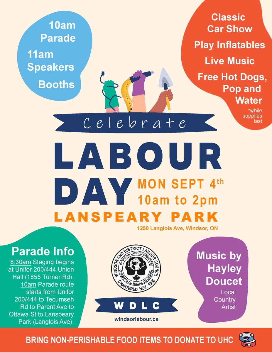 🎉 Join Unifor Local 2458 for a Spectacular Labour Day Celebration! 🎉

📅 Date: Monday, September 4th
🕙 Time: 10:00 AM - 2:00 PM
📍 Location: Lanspeary Park, Windsor

Get ready for an unforgettable Labour Day experience filled with fun and camaraderie! Here's what's in store...