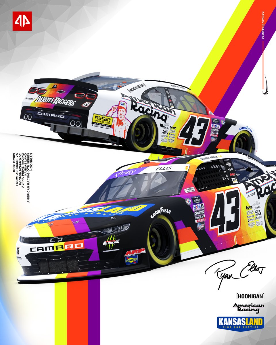 Ryan Ellis (@ryanellisracing) on Twitter photo KANSAS REVEAL: I'm stoked to represent <a href="/TheTireStore/">The Tire Store</a> and <a href="/AmericanRacing/">American Racing</a> this weekend at <a href="/kansasspeedway/">Kansas Speedway</a> on our No.43 Chevy!
This beautiful scheme will also feature secondary sponsors <a href="/DakotaRiggers/">Dakota Riggers</a> and Preferred Asphalt & Seal Coating.
MORE: ryanellisracing.com/post/kansaslan… KANSAS REVEAL: I'm stoked to represent <a href="/TheTireStore/">The Tire Store</a> and <a href="/AmericanRacing/">American Racing</a> this weekend at <a href="/kansasspeedway/">Kansas Speedway</a> on our No.43 Chevy!
This beautiful scheme will also feature secondary sponsors <a href="/DakotaRiggers/">Dakota Riggers</a> and Preferred Asphalt & Seal Coating.
MORE: ryanellisracing.com/post/kansaslan…
