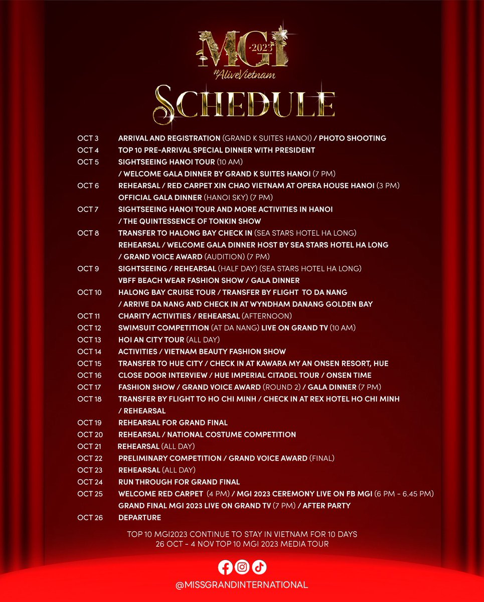 MissGrandInter's tweet photo. Official event schedule of ๐ ๐ถ๐๐ ๐๐ฟ๐ฎ๐ป๐ฑ ๐๐ป๐๐ฒ๐ฟ๐ป๐ฎ๐๐ถ๐ผ๐ป๐ฎ๐น ๐ฎ๐ฌ๐ฎ๐ฏ in #VIETNAM ๐ป๐ณ
Come join us for a #GrandExperience in the land of the grand culture. โจ
#AliveVietnam #MGI
#MissGrandInternational
#MissGrandInternational2023
#WeAreGRANDthe1andOnly https://t.co/NFJxy6v6oP