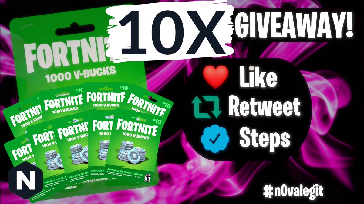 N0VAGIVES's tweet photo. (10X) 1000 VBUCKS | 72 HOURS ⏰       

✅ RT ♻️    
✅ Follow @N0VAMIC &amp; @NEIGHBOR_FN 
✅ Tag A Friend 🫂

❗️ 10 WINNERS RECEIVE 1000 VBUCK CODE ❗️

25K / $250+ Giveaway in NEIGHBOR Discord also ⬇️ https://t.co/9s0tX2ukfQ