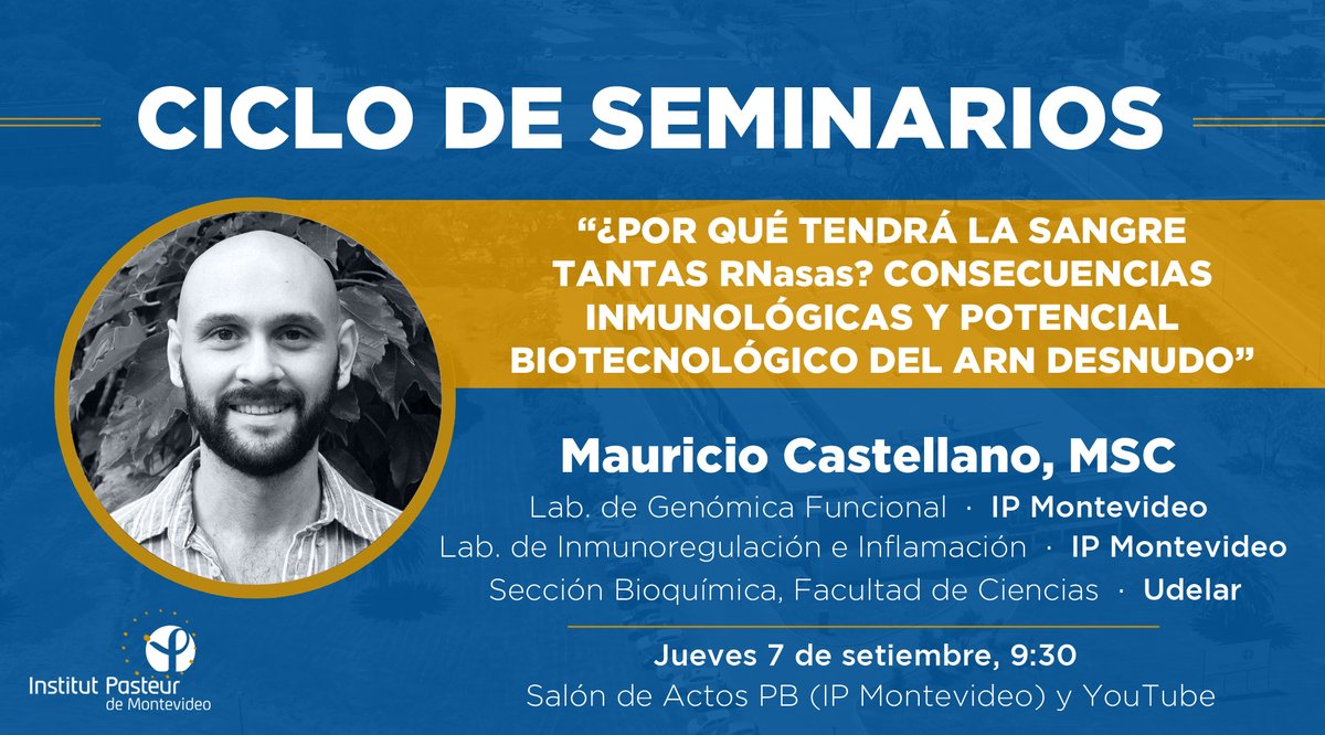 🗣️ 𝑪𝒊𝒄𝒍𝒐 𝒅𝒆 𝑺𝒆𝒎𝒊𝒏𝒂𝒓𝒊𝒐𝒔

El próximo jueves, el investigador Mauricio Castellano (<a href="/FcienUdelar/">Facultad de Ciencias</a> e <a href="/IPMontevideo/">Institut Pasteur Montevideo</a>) expondrá en el ciclo de instituto.

🗓️ Jueves 7/9
🕤 9:30
📍 Salón de Actos PB
📺 YouTube: tube.pasteur.uy/live