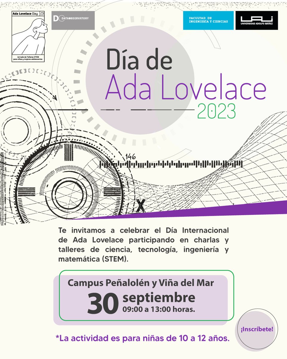 ¡Invitamos a todas a celebrar el Día de Ada Lovelace 2023! 👩🏻‍🏫 Para conmemorarlo realizaremos charlas y talleres de #STEM para niñas de 10 a 12 años. 🔝

📌 30 de septiembre en los Campus UAI de Peñalolén y de Viña del Mar de 9:00 a 13:00 horas.

Más ➤ tinyurl.com/33ah8bv2