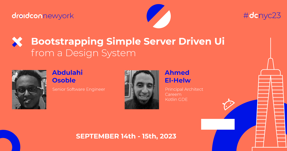 Help us welcome <a href="/ahmedre/">ahmed el-helw</a> &amp; <a href="/abdulahi_osoble/">Abdulahi Osoble</a> to the #dcnyc23 speaker lineup 🚨 They'll dive into the concept of using a design system to bootstrap a server-driven #UI implementation using# Compose on #Android &amp; SwiftUI on #iOS. 

Full abstract: nyc.droidcon.com/ahmed-el-helw/