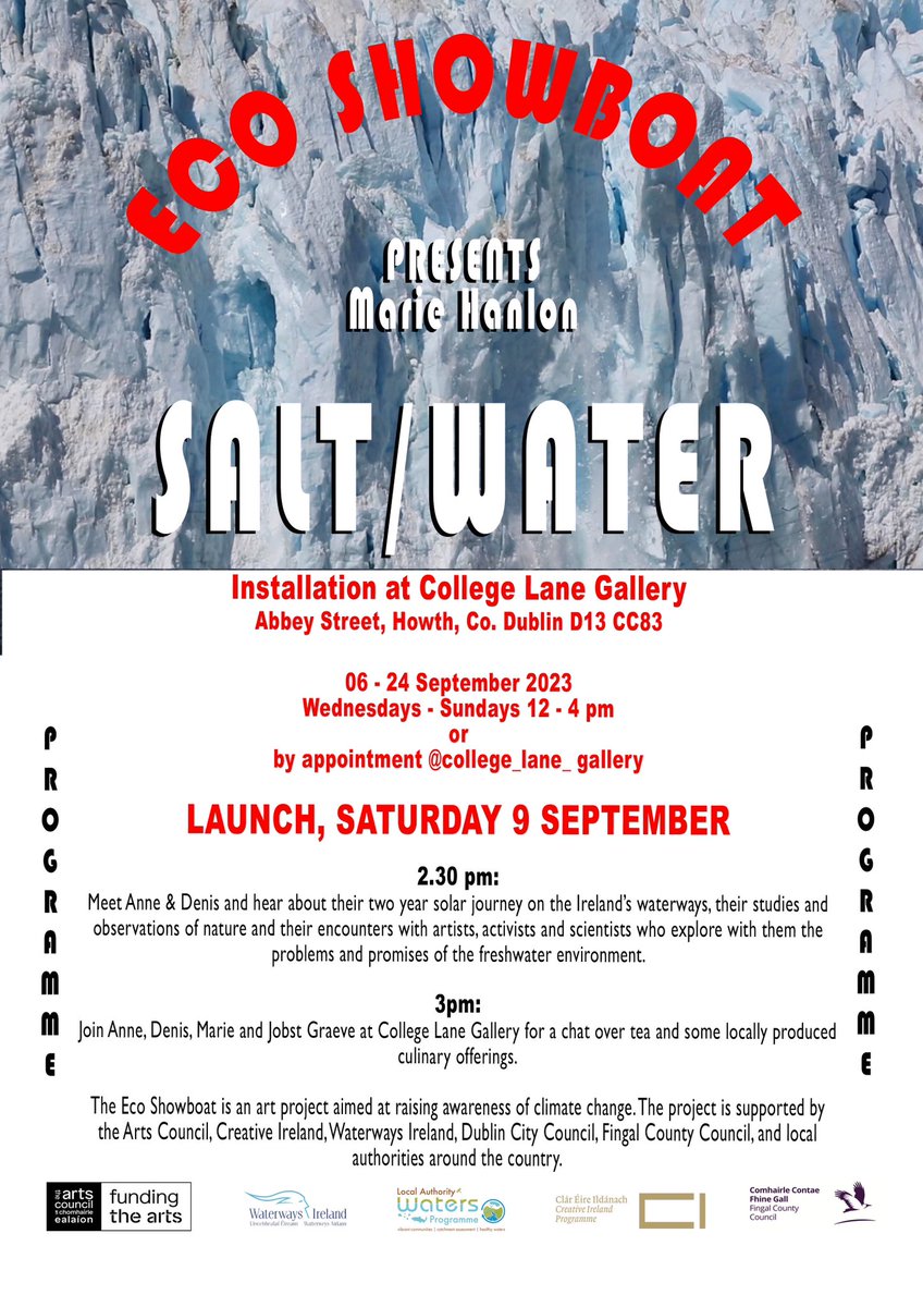 #ecoshowboat is very pleased to invite you to attend <a href="/mariehanlon2/">Marie Hanlon</a> ‘s exhibition Salt/Water. Details below. We will be at the launch on Saturday, September 9 from 2pm

#climateaction #water 

<a href="/artscouncil_ie/">The Arts Council / An Chomhairle Ealaíon</a> <a href="/creativeirl/">Creative Ireland</a> <a href="/WatersProgramme/">Local Authority Waters Programme</a>