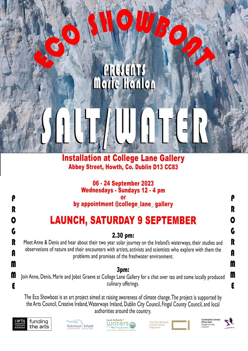 #ecoshowboat is very pleased to invite you to attend @mariehanlon2 ‘s exhibition Salt/Water. Details below. We will be at the launch on Saturday, September 9 from 2pm #climateaction #water @artscouncil_ie @creativeirl @WatersProgramme