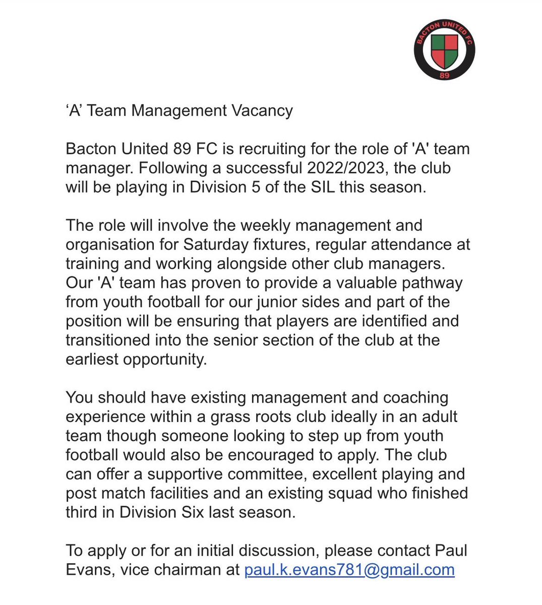 We are back on the lookout for a new Manager for our A Team. Please if interested get in touch