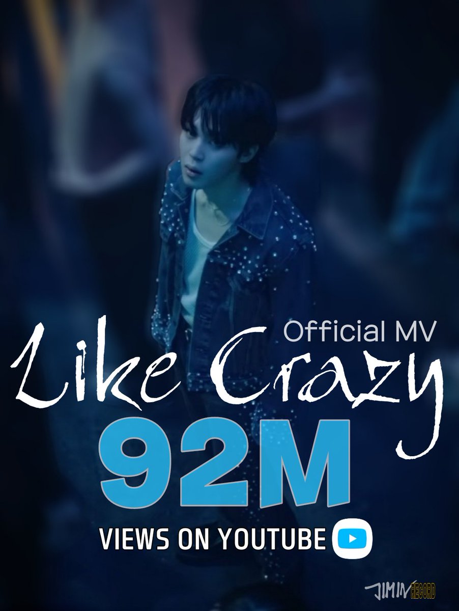 지민의 'Like Crazy' Official MV 유튜브 조회수가 9200만뷰를 돌파하였습니다. 축하해요 지민 🎉 1억뷰 달성까지 함께 달려요~ #LikeCrazy #Jimin_FACE #JIMIN #ParkJimin @BTS_twt