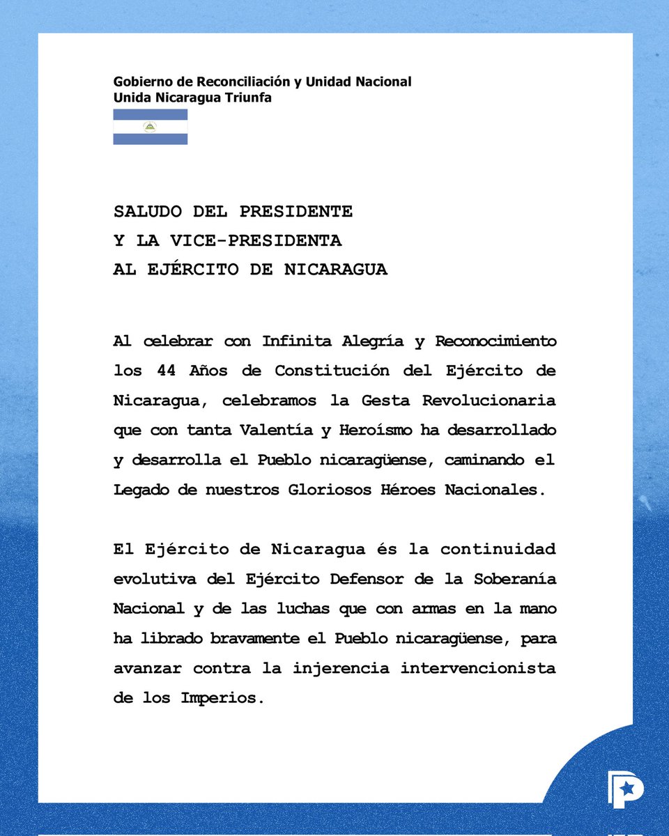PrensaPopulr's tweet photo. Saludo del presidente Cmdte. Daniel Ortega y la Vicepresidenta Cra. Rosario Murillo en celebración de los 4️⃣4️⃣ Aniversario de la Constitución del Ejército de #Nicaragua.

#TodoPorLaPatria https://t.co/5vF49JZumB
