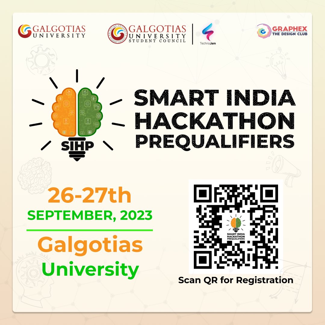 gucouncil's tweet photo. Join the voyage of innovation at Smart India Hackathon Pre-Qualifying Round, Sep 26-27, at Galgotias University. Your chance to shine! 
Mark your calendars, assemble your team, and code history!🔥
.
@DGalgotia 
@mhrd_innovation @EduMinOfIndia 
.
#SIH2023 #smartindiahackathon2023 https://t.co/Q7TDZKXSjP