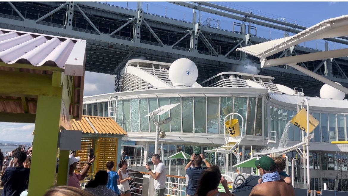 Watch your head! Taken last week leaving Cape Liberty (Bayonne NJ) on Oasis of the Seas. The ship retracted its stacks to fit under the Verrazzano bridge. Wildly close! <a href="/RoyalCaribbean/">Royal Caribbean</a> #cruise #nyc #vacation #travel #FYP #cruising #oasisoftheseas #cruiseship #cool #interesting