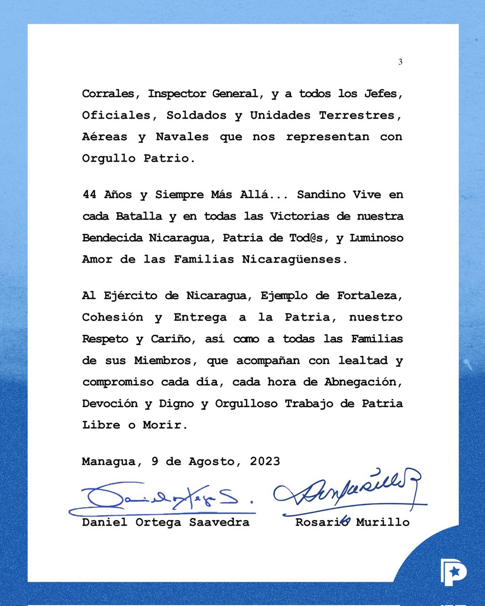 Saludo del presidente Cmdte. Daniel Ortega y la Vicepresidenta Cra. Rosario Murillo en celebración de los 4️⃣4️⃣ Aniversario de la Constitución del Ejército de #Nicaragua.

#TodoPorLaPatria
