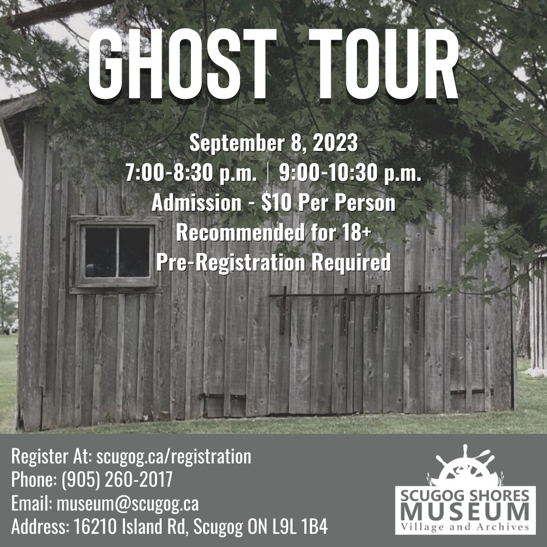 Have you signed up for our Ghost Tour on September 8th yet? There are only 4 spots remaining in the 7:00-8:30 pm time slot! Book your tickets now at: scugog.ca/registration

#ghosttour #scugogshoresmuseum #townshipofscugog #paranormal #haunted #fun