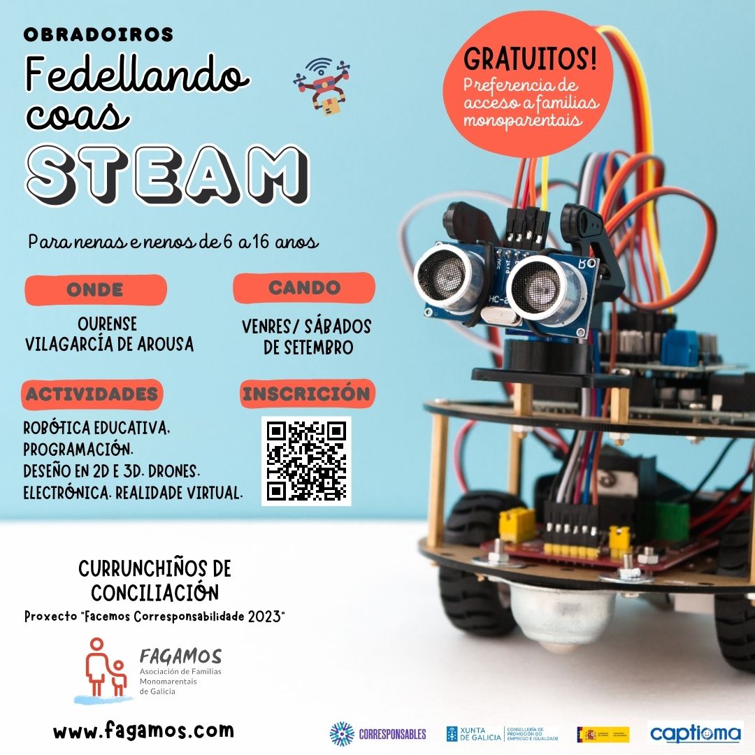Obradoiros gratuitos de ciencia e tecnoloxía en <a href="/OurenseConcello/">Concello de Ourense</a>  e <a href="/VGAarousa/">Vilagarcía de Arousa</a> para nen@s de 6 a 16 anos. Acceso preferente a #familiasmonoparentais. Prazo de inscrición ata o 7 de setembro. Info e inscrición 👉 fagamos.com/fedellando-coa… Difundes? #plancorresponsables #fagamos