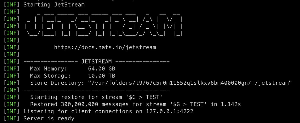 derekcollison's tweet photo. As we are getting close to the 2.10 release of @nats_io we have been focusing on restart times for large streams. So this stream is 300M msgs, 2.1TB and 1M blocks. With 2.9.22 this takes about 15mins to recover on restart.

This is 2.10 today. https://t.co/Bz8ONJlhf4