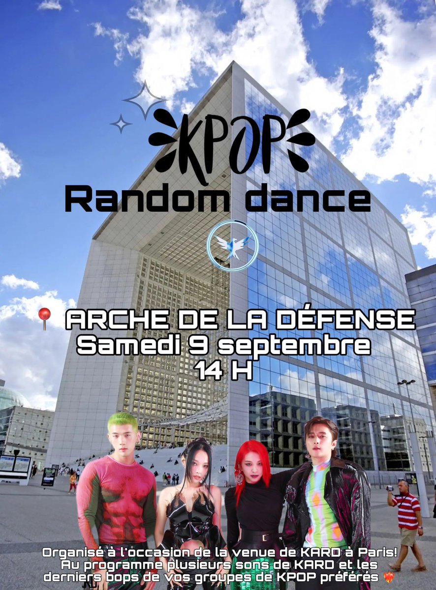 Emmakovers's tweet image. Avec mon crew HIGHER CREW on organise un RANDOM PLAY DANCE pour la venue de KARD ce samedi 9 à l’Arche de la Défense, 14h !!! 💃🏻🕺 

VENEZ NOMBREUX 🔥

RT PLSSS 🤍

#RANDOMPLAYDANCE #KARDINPARIS #KARD