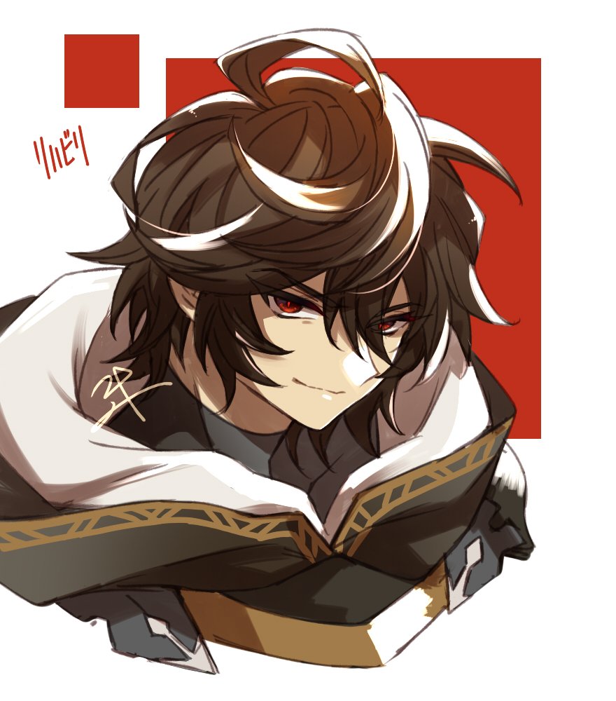 1boy male focus brown hair red eyes solo hood smile  illustration images