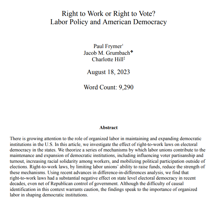 Labor Day thread on my new working paper with @pfrymer and @hill_charlotte tl;dr it's really hard to study but state level right-to-work (RTW) laws weaken organized labor, and by extension, weaken democratic institutions ungated: dropbox.com/scl/fi/1hze2p1… 1/n