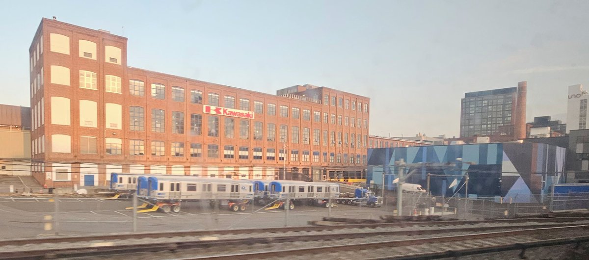sarahforpdx's tweet photo. Fresh PATH trains on flatbeds outside the Kawasaki Rail Car factory in Yonkers #intermodal #traincation23 https://t.co/hPXaTt9D8G