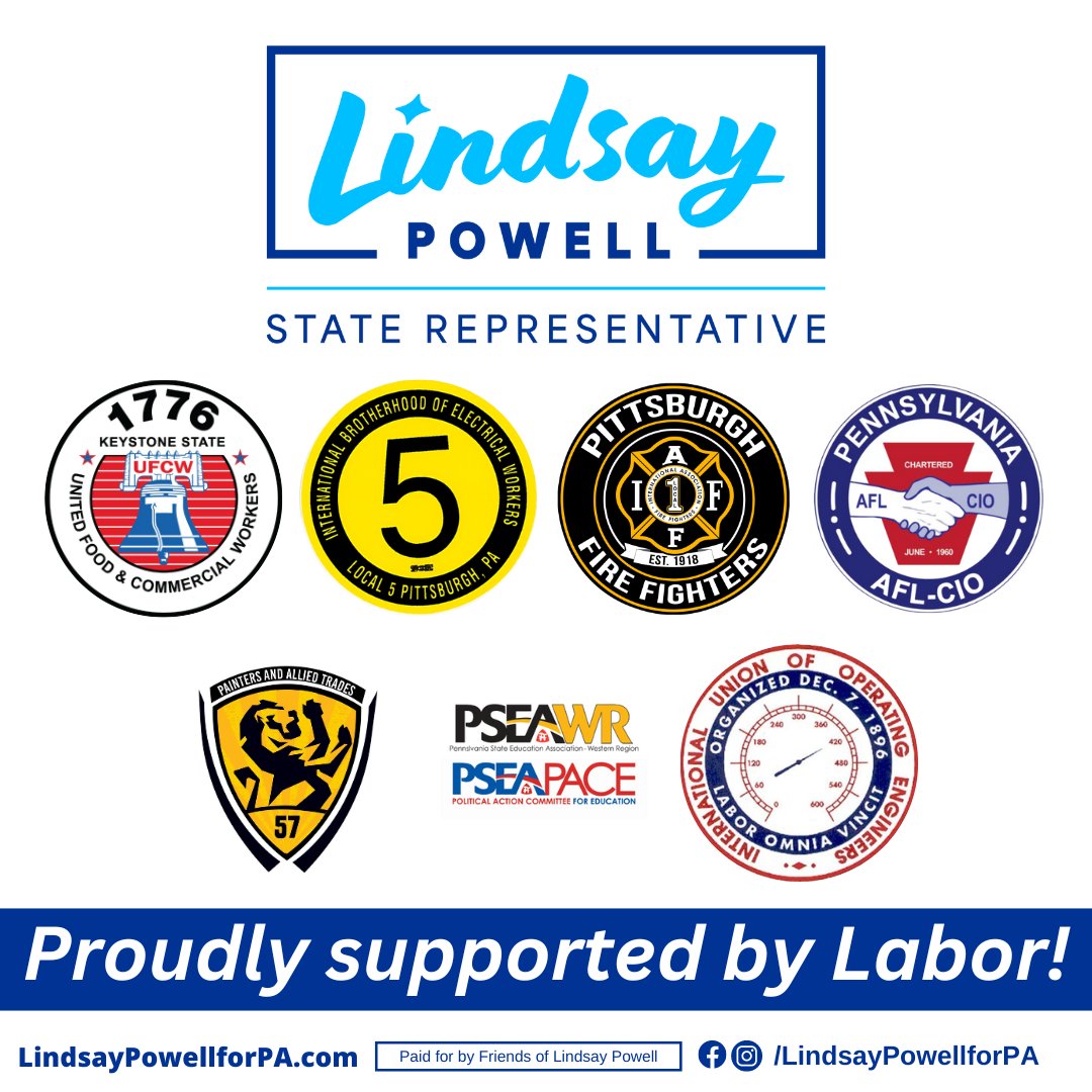 Lindsay Powell (@lindsaypowellpa) on Twitter photo I’m thrilled to have the support of organized labor including <a href="/PaAFL_CIO/">PA AFL-CIO</a>, UFCW 1776, IBEW Local 5, PSEA PACE, <a href="/PghFireFighters/">Pittsburgh Fire Fighters</a>, <a href="/dc57iupat/">IUPAT DC 57</a>, <a href="/66Operating/">Operating Engineers Local 66</a>. Together we can continue to build a movement that ensures good paying, safe, and dignified jobs for all working families. I’m thrilled to have the support of organized labor including <a href="/PaAFL_CIO/">PA AFL-CIO</a>, UFCW 1776, IBEW Local 5, PSEA PACE, <a href="/PghFireFighters/">Pittsburgh Fire Fighters</a>, <a href="/dc57iupat/">IUPAT DC 57</a>, <a href="/66Operating/">Operating Engineers Local 66</a>. Together we can continue to build a movement that ensures good paying, safe, and dignified jobs for all working families.