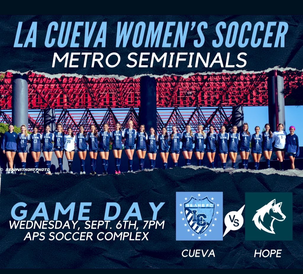 LCHSBearsSoccer Boosters (@lchsbearssoccer) on Twitter photo BIG GAME ALERT!🚨
Come out and support your lady bears this Wednesday as we take on Hope for the Metro Semi finals!!!
Your support is greatly appreciated!!!
LETS GO BEARS! 💙💪🐻⚽️
<a href="/PrincipalLCHS/">La Cueva High School</a> <a href="/Cueva_Athletics/">LCAthletics</a> BIG GAME ALERT!🚨
Come out and support your lady bears this Wednesday as we take on Hope for the Metro Semi finals!!!
Your support is greatly appreciated!!!
LETS GO BEARS! 💙💪🐻⚽️
<a href="/PrincipalLCHS/">La Cueva High School</a> <a href="/Cueva_Athletics/">LCAthletics</a>