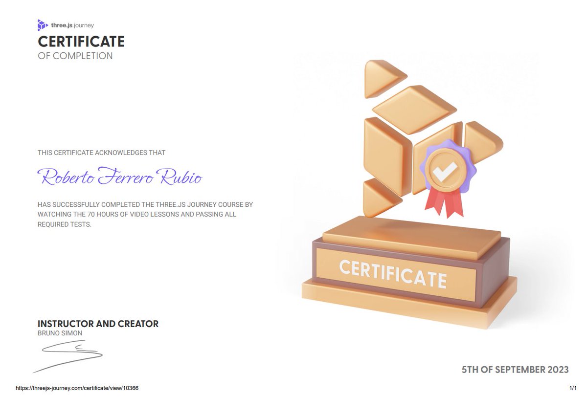 _robertoferrero's tweet photo. I finally finish de R3F addendum of Threejs Journey.

BEST course I have ever done.
It has changed my professional career, it made me won (along with my team mates) 2 FWAs and 1 Awwwards in the last year.
Many thanks @bruno_simon! https://t.co/VPja3jBZa9