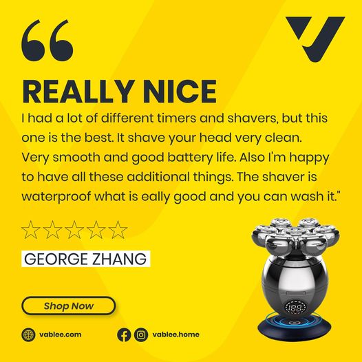 'Best shaver I've used! Ultra-clean shave, smooth & waterproof. Love it!' - George Zhang. Try it for yourself!
#Vablee #BaldAndConfident #HotAndBald #EmbraceYourself #ConfidentlyBald #BoldAndSexy #HighQualityRazors #TopNotchService #GroomingEssentials #BaldGrooming #balding