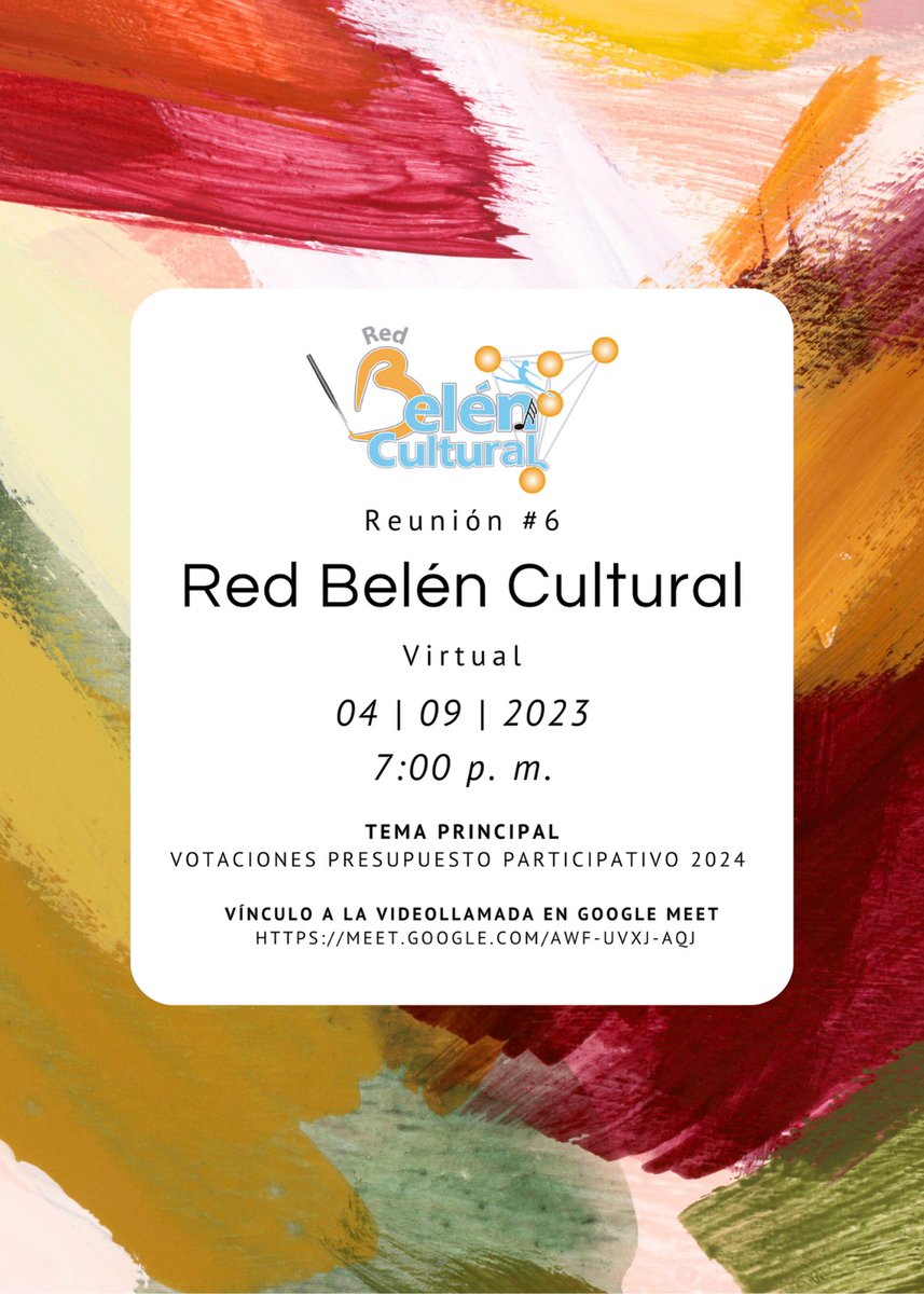 Hoy tenemos reunión virtual de la Red Belén Cultural, una organización activa que trabaja por la promoción de la cultura en la Comuna 16 Belén, Medellín (Antioquia, Colombia).

#RBC #RedBelénCultural #cultura #Comuna16 #Belén #Medellín