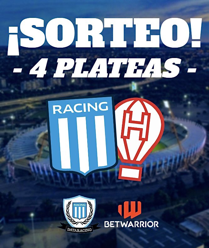 ¡¡TREMENDO #SORTEO!! 💣💣

🏆 4 PLATEAS PARA EL PARTIDO DEL SÁBADO POR COPA ARGENTINA

👉🏻 Seguí a <a href="/DataRacingOK/">Data Racing 👑</a> y <a href="/BetWarrior_Arg/">BetWarrior Argentina</a> 

👉🏻 Dale RT y etiquetá a tus amigos

✅ ¡LISTO! El viernes anunciamos el ganador. El mismo saldrá sorteado entre los que participaron en IG y TW.