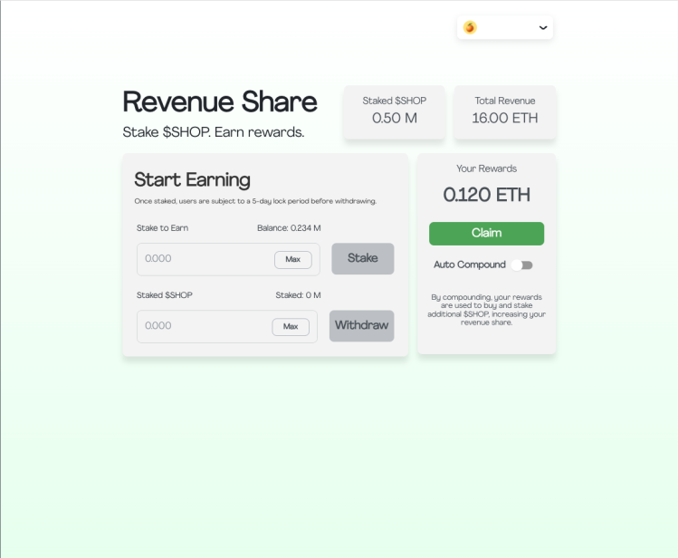 We are in the final stages of preparing our revenue share contracts and dashboard. 

Stake $SHOP, earn rewards 💳

THE TICKER IS $SHOP