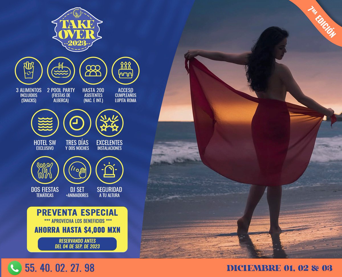 LupitaRomaSw's tweet photo. ¡Es hoy!

Hoy inicia la preventa 1 de nuestro #TakeOverAca23 en su 7ma edición que será este 1,2 y 3 de diciembre.

Reserva en esta preventa y obtén el mejor precio con el mayor descuento,escoge tu habitación con la mejor vista, además de regalos exclusivos.

📲5540022798 https://t.co/vqvHeq9HUp