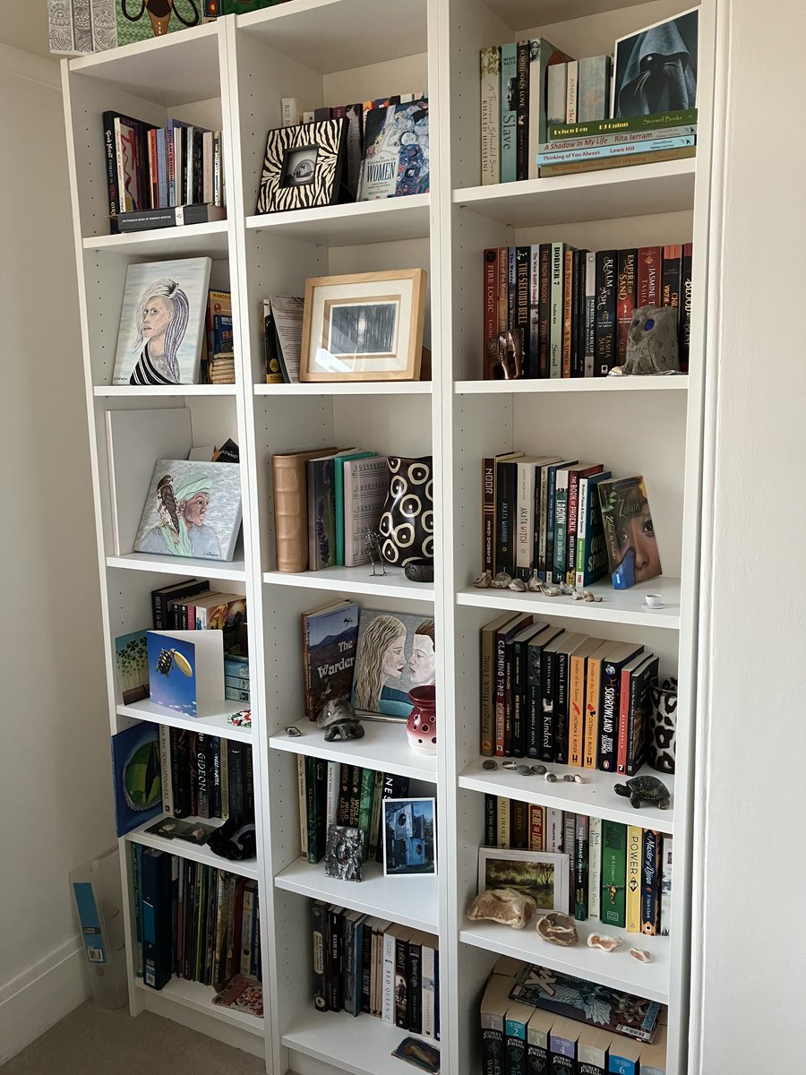 SJW_writer's tweet image. I've got a peppermint tea on the go, ready for #devonbookhour. It's been a while since I took a bookshelf selfie, but I've been inspired. Any news? Any great recommendations? At least 4 books on my shelves were written by our lovely community - maybe more... @BookDevon 🥰📚