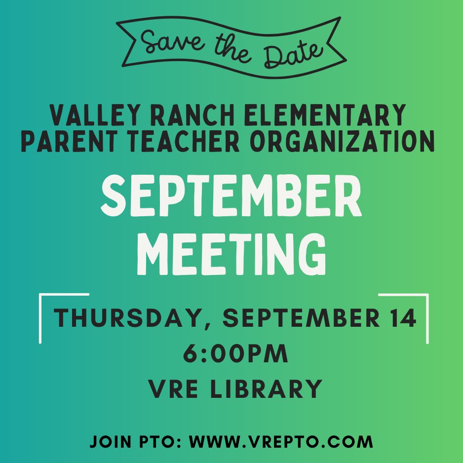 📣SAVE THE DATE! 📣 Our first PTO meeting of the year is on Thursday, September 14 at 6:00 PM. See you soon! ⭐️ 🟢 valleyranchpto.membershiptoolkit.com