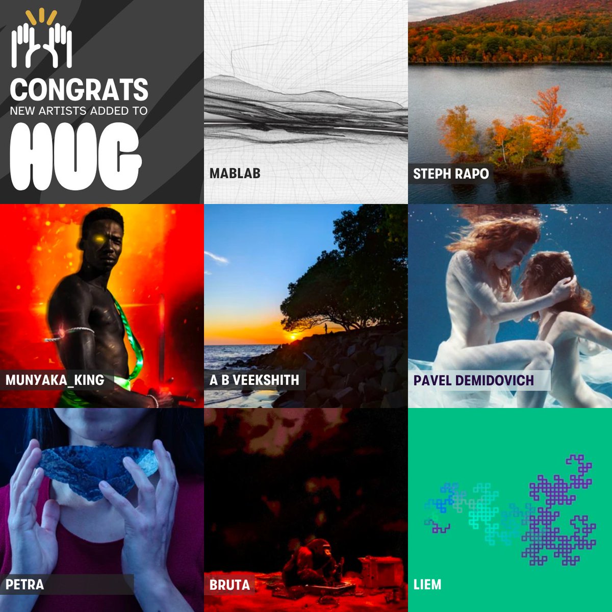Congratulations to the latest artists curated by our community and added to HUG 🎊

@mablabart
@stephrapo
Munyaka King
@Veekshith6
@demidovich_film
@luisbetx9
@brutalisti
@clockwisechaos

Welcome! We can't wait to see how you customize your profiles 🤗