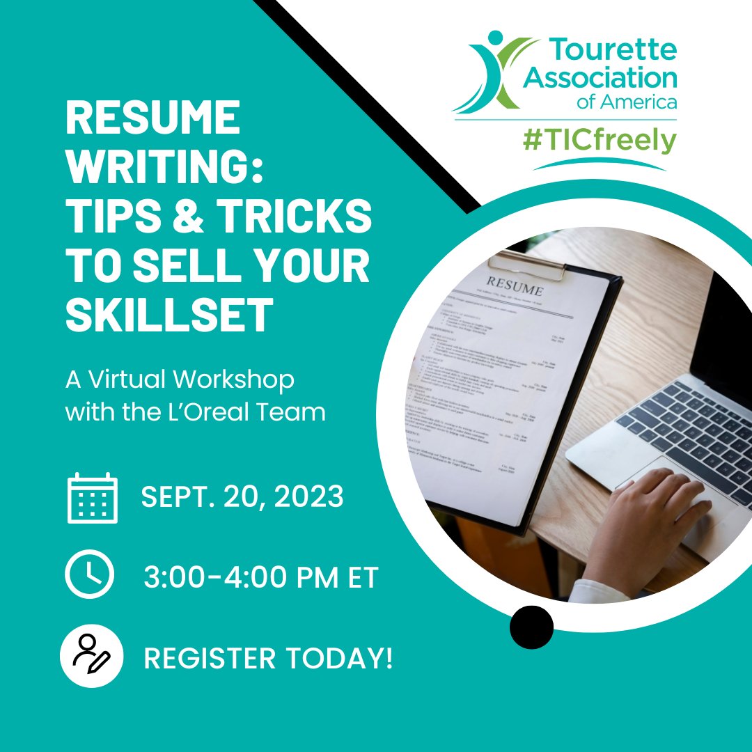 TouretteAssn's tweet photo. Ready to level up your resume? 🚀 Join us on September 20, 3:00-4:00 pm EST, for a virtual workshop on ‘Resume Writing: Tips &amp; Tricks to Sell Your Skillset’ presented by L’Oreal’s experts, Kaylie Mazza and Nick Ladevaio. 

🔗 Register now at https://t.co/NNduURTbE8 https://t.co/zlHUTJJqEj
