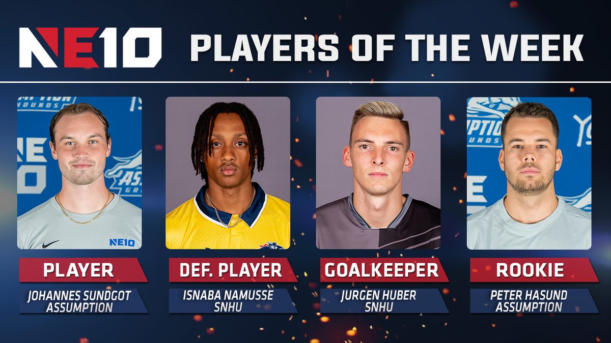 TheNortheast10's tweet image. 𝐌𝐄𝐍'𝐒 𝐒𝐎𝐂𝐂𝐄𝐑 𝐑𝐄𝐏𝐎𝐑𝐓 - 𝐖𝐄𝐄𝐊 𝟏
@GoAssumptionU Johannes Sundgot with a 5-point game in a win over Staten Island, while @snhupenmen start the season with a 2-0 record! ⚽️
🔗: shorturl.at/cgvQ4
#NE10EMBRACE #NCAAD2 #D2MSOC
