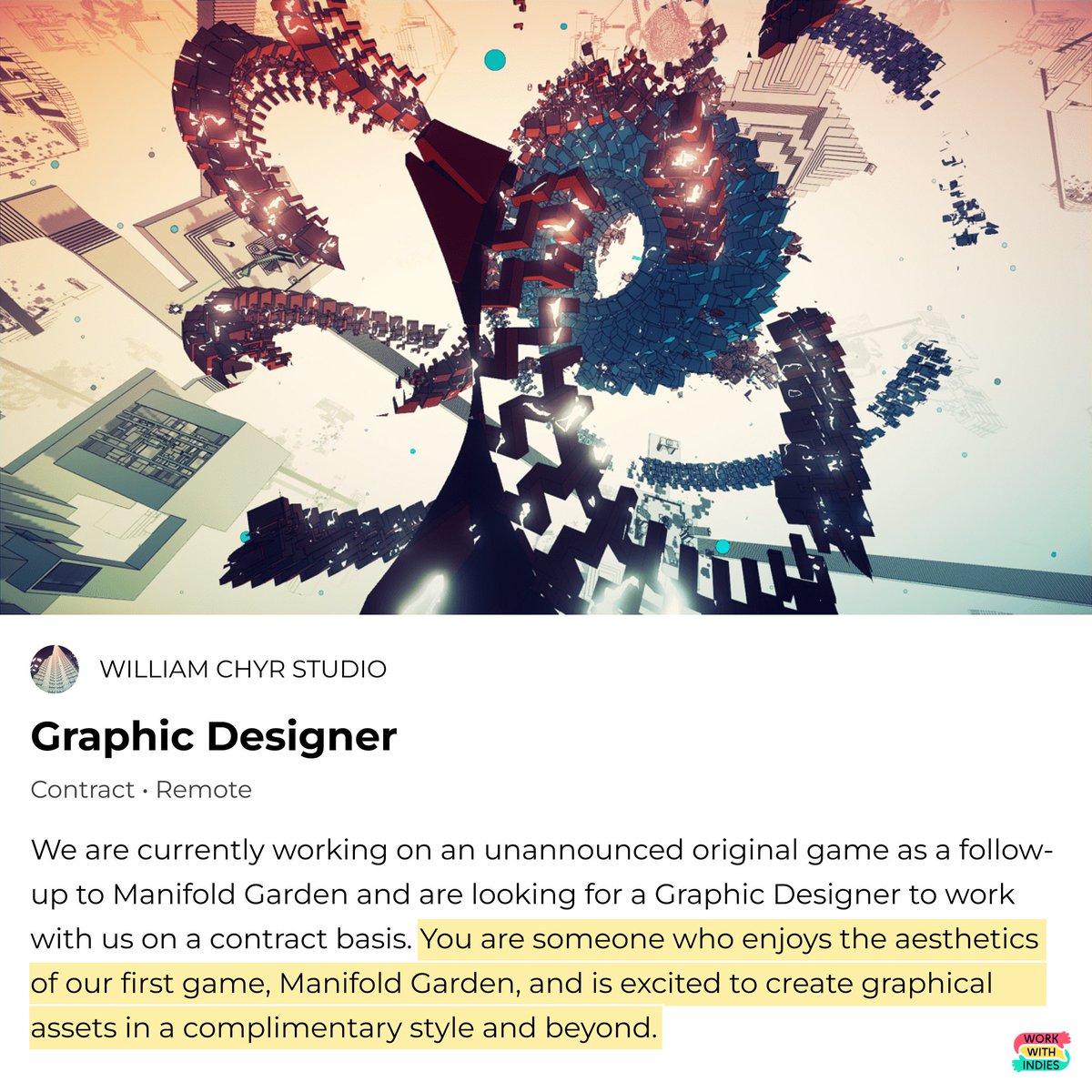 The creators of Manifold Garden are looking for a Graphic Designer with experience in branding, print, and digital products for a new, original game. 🤩 Graphic Designer 🌐 Remote 💼 Contract (10-20 hours per week) Apply below ⤵️