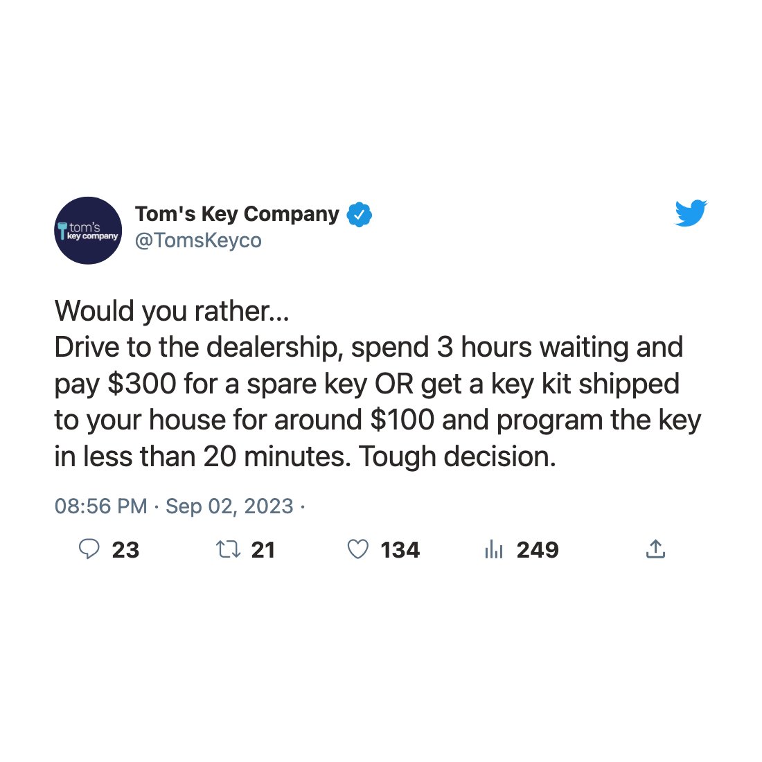 TomsKeyCo's tweet image. This one is a no-brainer 😉

At Tom&apos;s Key Company we pride ourselves in easy, affordable DIY spare keys because we believe that everyone is capable of DIY (even when it comes to programming keys)

#cartips #sparekey #autoservicetips #carhack