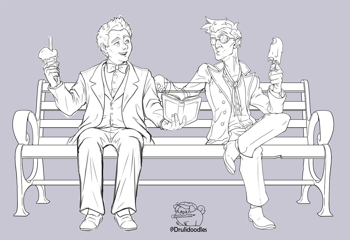 Collab done with <a href="/LucyToner/">@lucytoner.bsky.social</a> some years ago, that was never finished. Found it as I was cleaning up.
Lucy did the awesome sketch for Crowley, which I did line art for, plus rough Aziraphale and the bench :)
Love these lads (not actually lads)