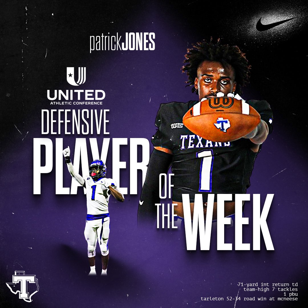 TarletonFB's tweet photo. One week in and we’re already collecting awards 😏 congrats to Patrick Jones and Adrian Guzman, UAC Players of the Week! 🏆

Story: https://t.co/SUkFhkF34J https://t.co/8PlO5B3gas