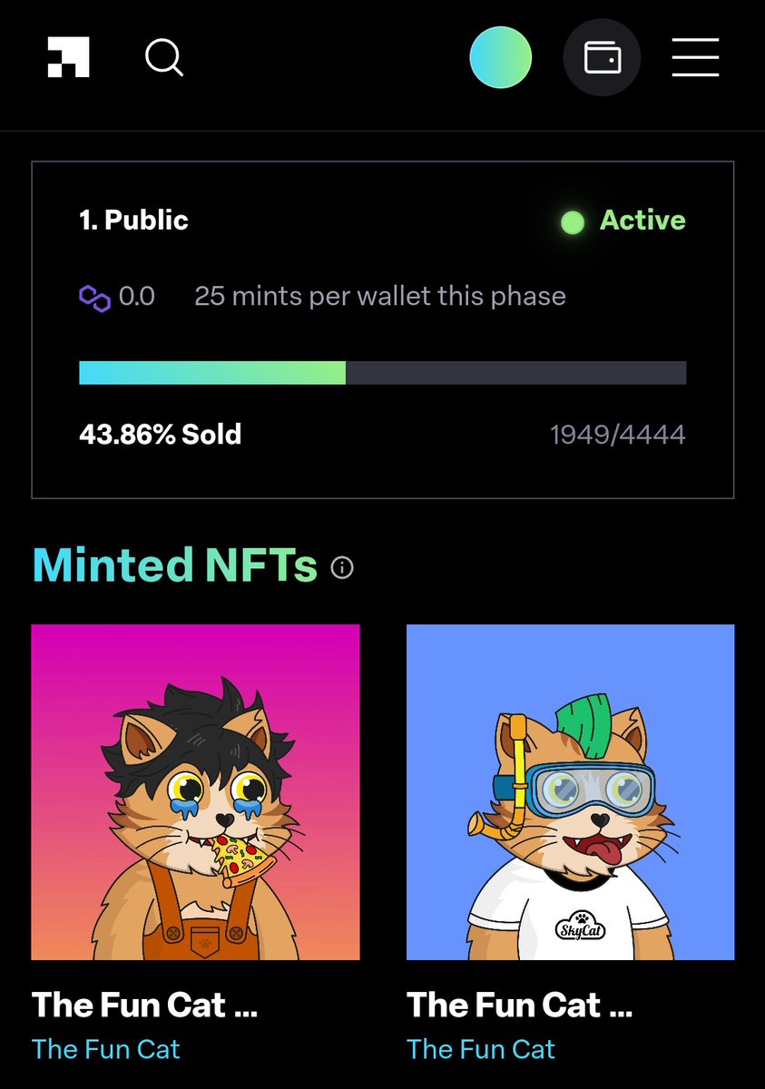 TheFunCat's tweet image. Meow😺,Mint Still Live! 📢

The Fun Cat is still available on @LaunchMyNFT, 4444 in supply, priced at 0.00 $MATIC

Mint on 👉 launchmynft.io/collections/0x…

Powered By @0xPolygon ⚡
#MATIC #NFTCommunity #mint #NFTCollection #NFTsales #PolygonCommunity #onPolygon #LaunchMyNFT #TheFunCat