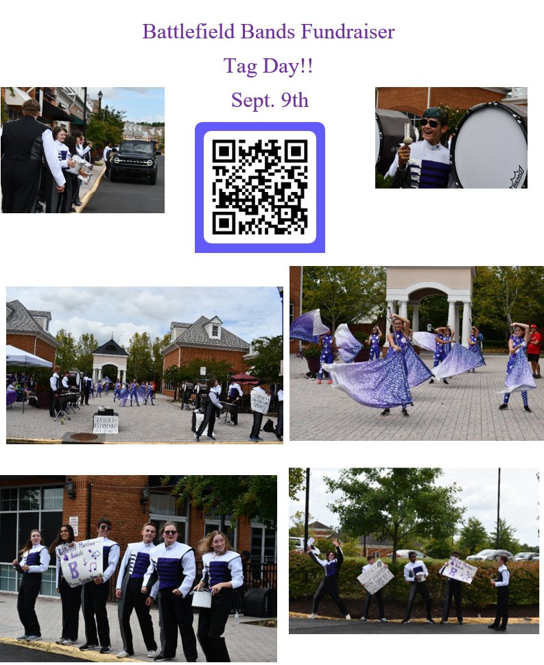This Saturday, Sept. 9th is Tag Day!  When you see the Battlefield Band students out in the community, please donate or use the QR code below. We appreciate your support!